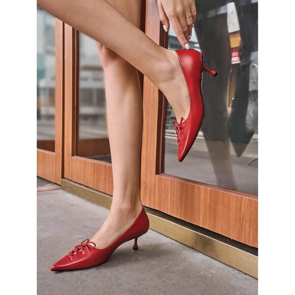 🆕Women Red Faux Leather Kitten Heels Strappy Bow Pointed Toe Dress Pumps - Picture 2 of 7